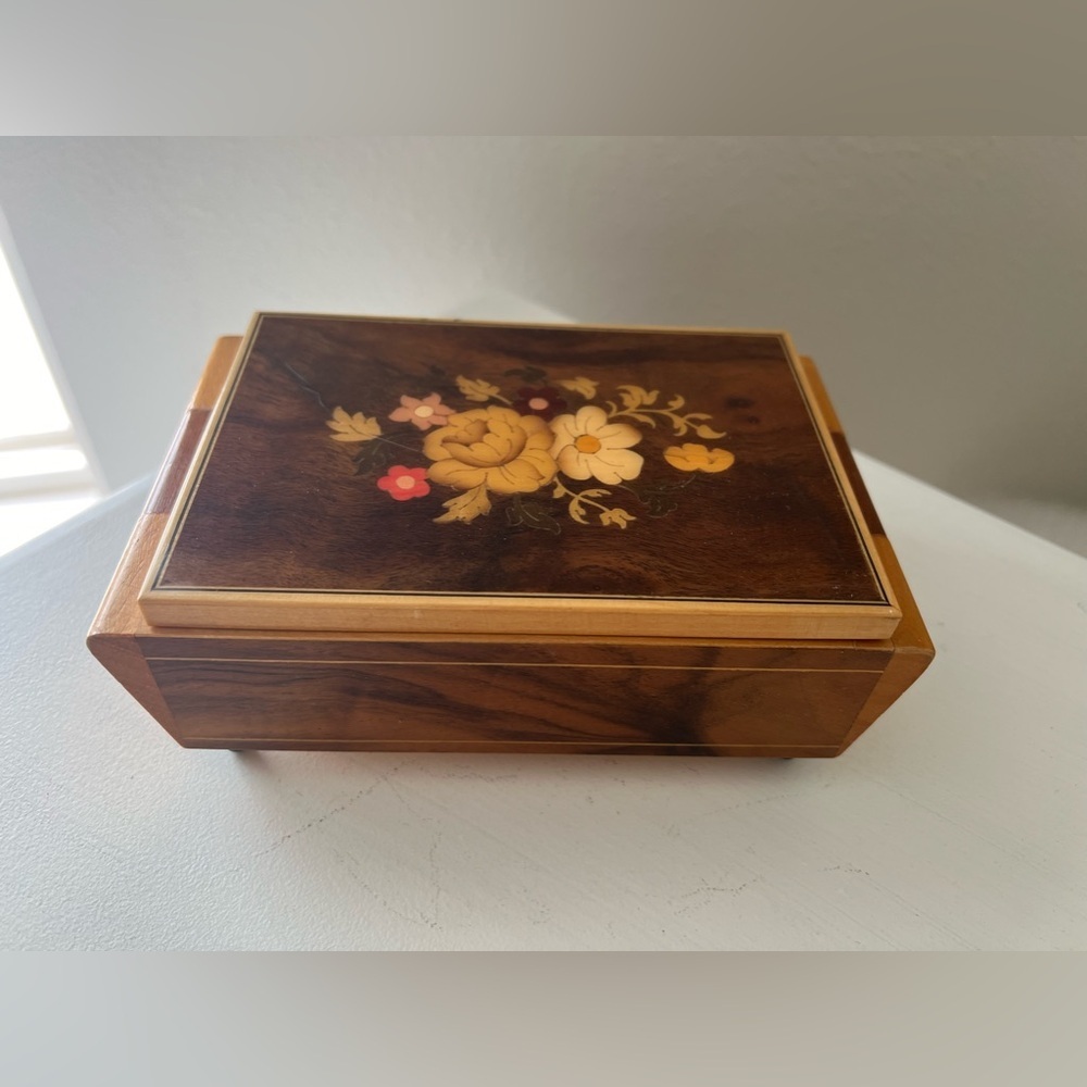 Vintage Floral Wood Trinket Box | Made In Italy 1971 | Red Lined